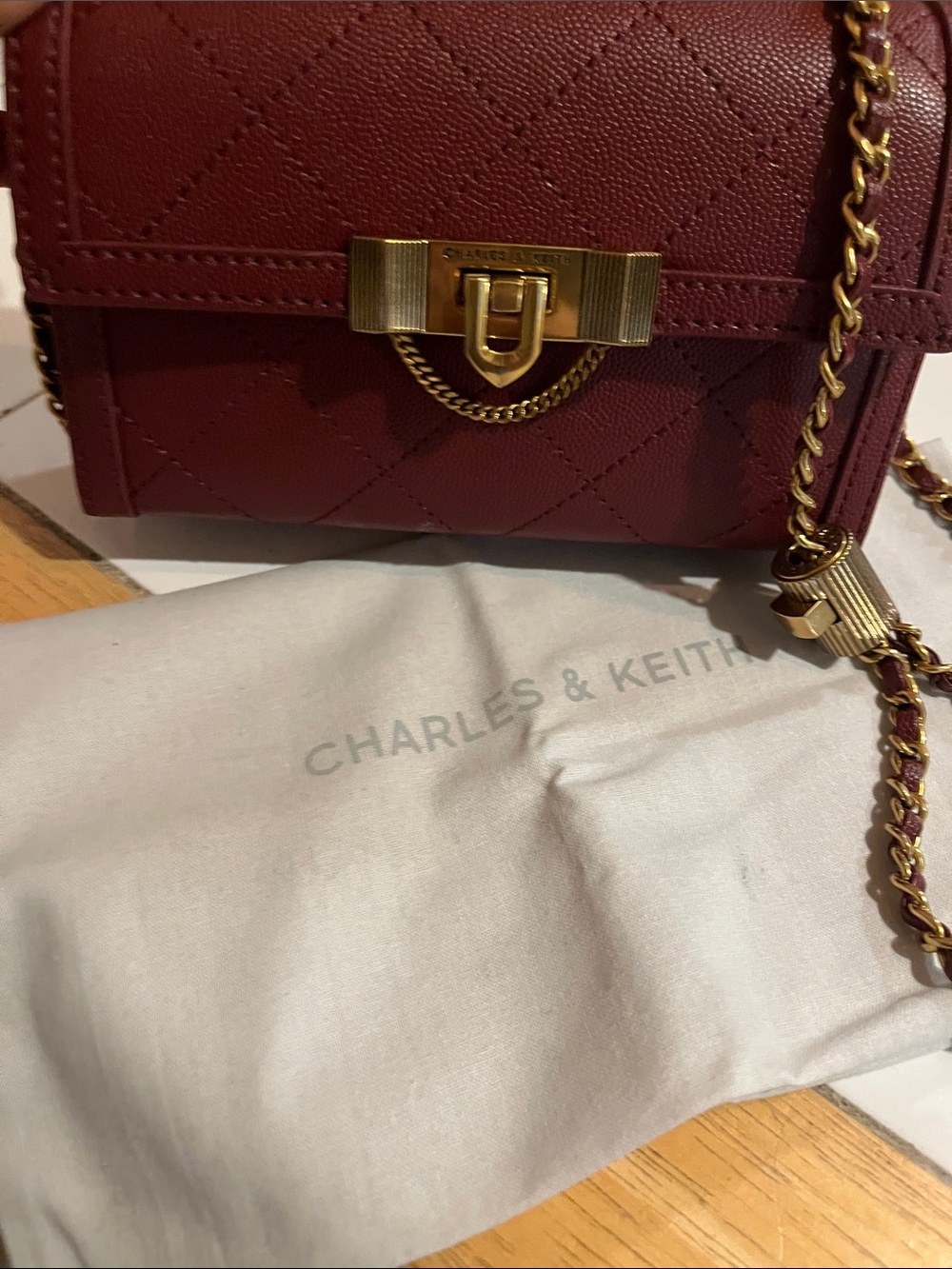 Charles & Keith Wine Quilted Chain Crossbody with Gold Hardware